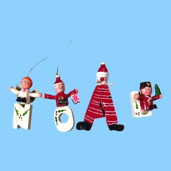 Vintage Wooden Christmas Ornaments Set 9 Hand-Painted Santa Snowman Soldier Joy - Picture 3 of 12